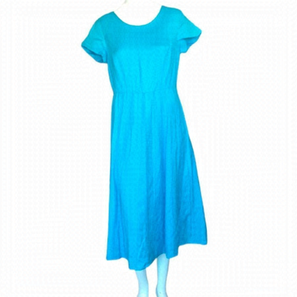 NWT Coldwater Creek Blue Linen Blend Pleated Short Sleeve Midi Dress Size 8 - Picture 1 of 10